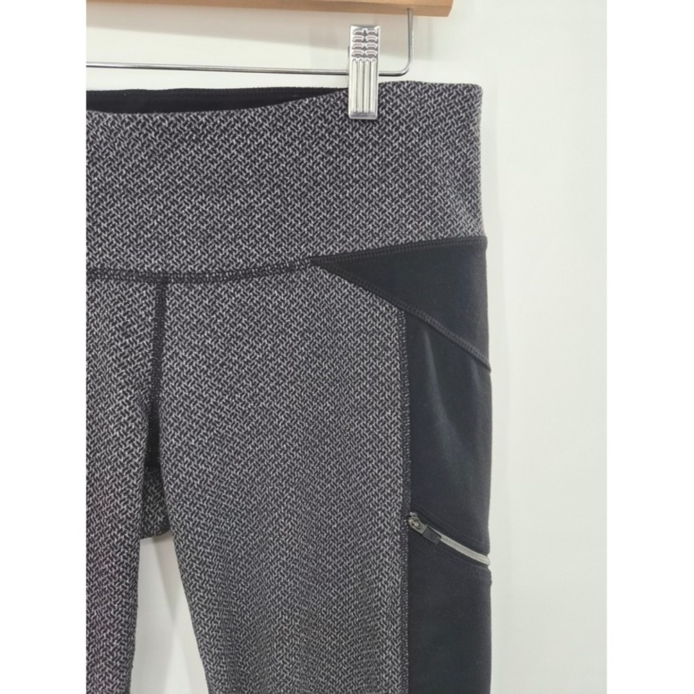 Athleta Herringbone Leggings Women M Grey Black Zipper Pockets Yoga Gymwear Gear
